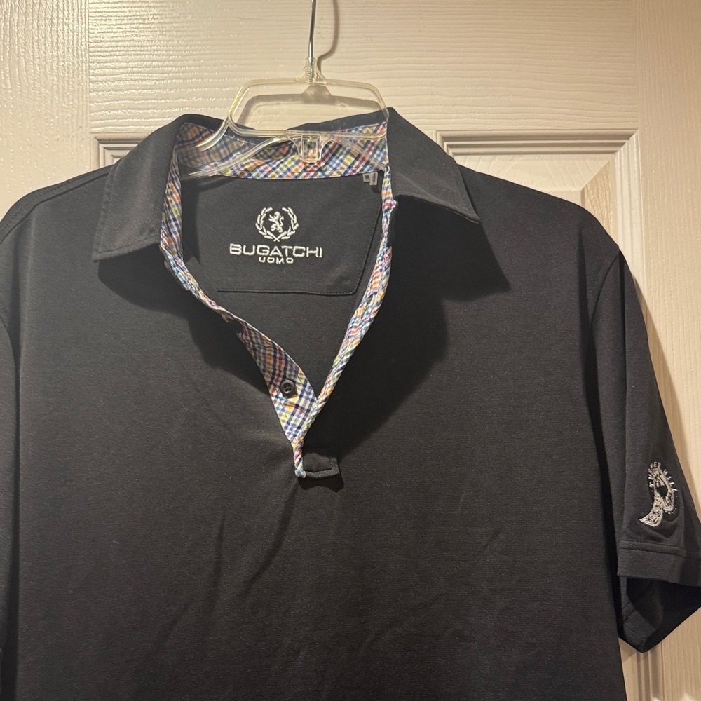 Bugatchi Black Polo with Multicolor Plaid Trim